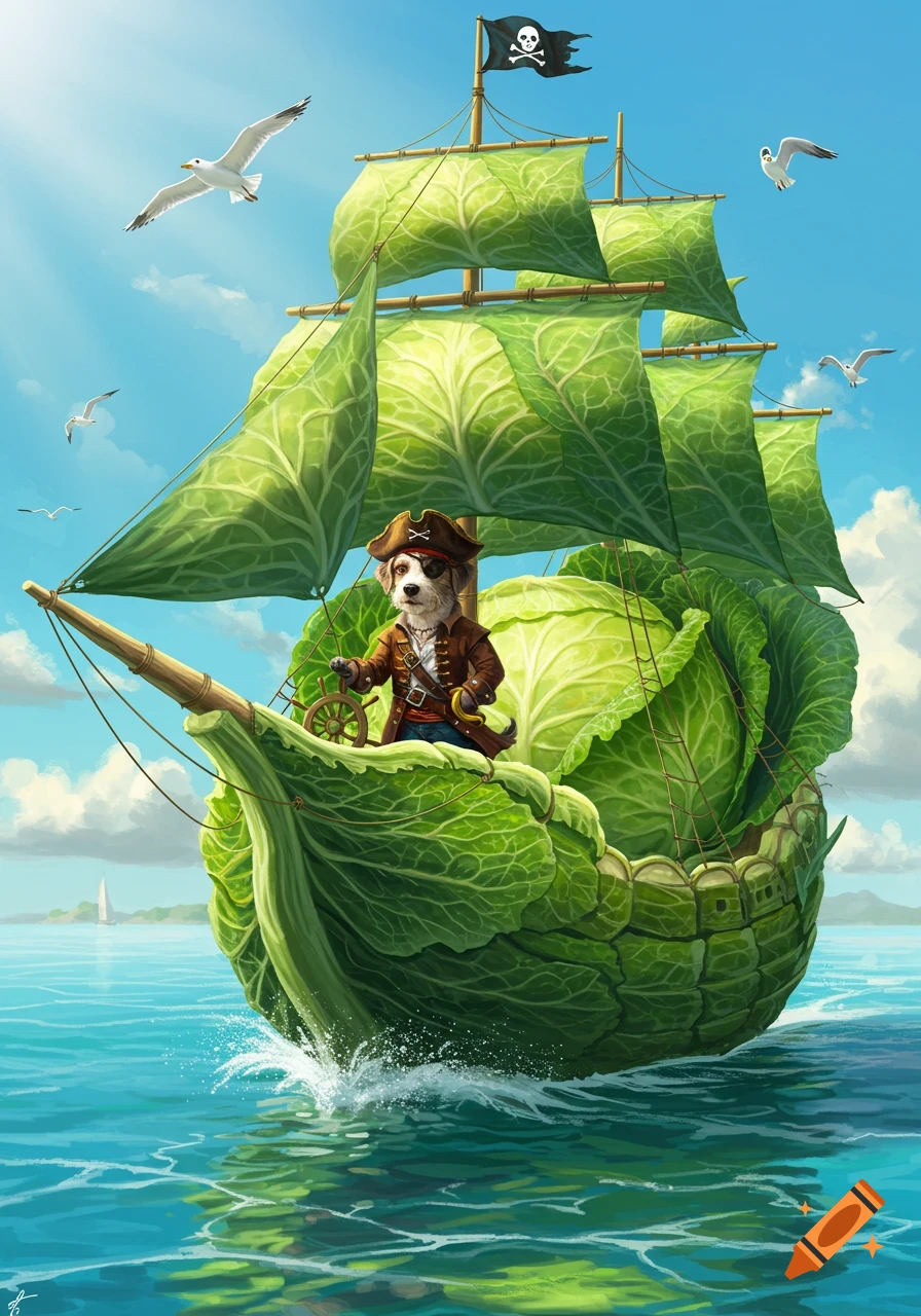 A whimsical illustration of a pirate dog steering a ship made of cabbage on the ocean with seagulls flying above.