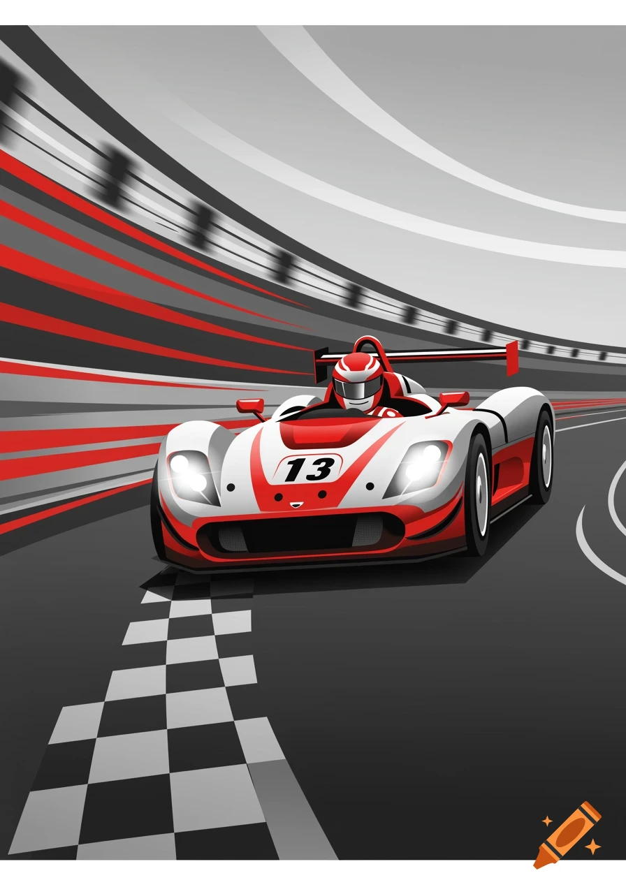 A red and white race car with the number 13 on the side speeds around a checkered race track with motion blur.