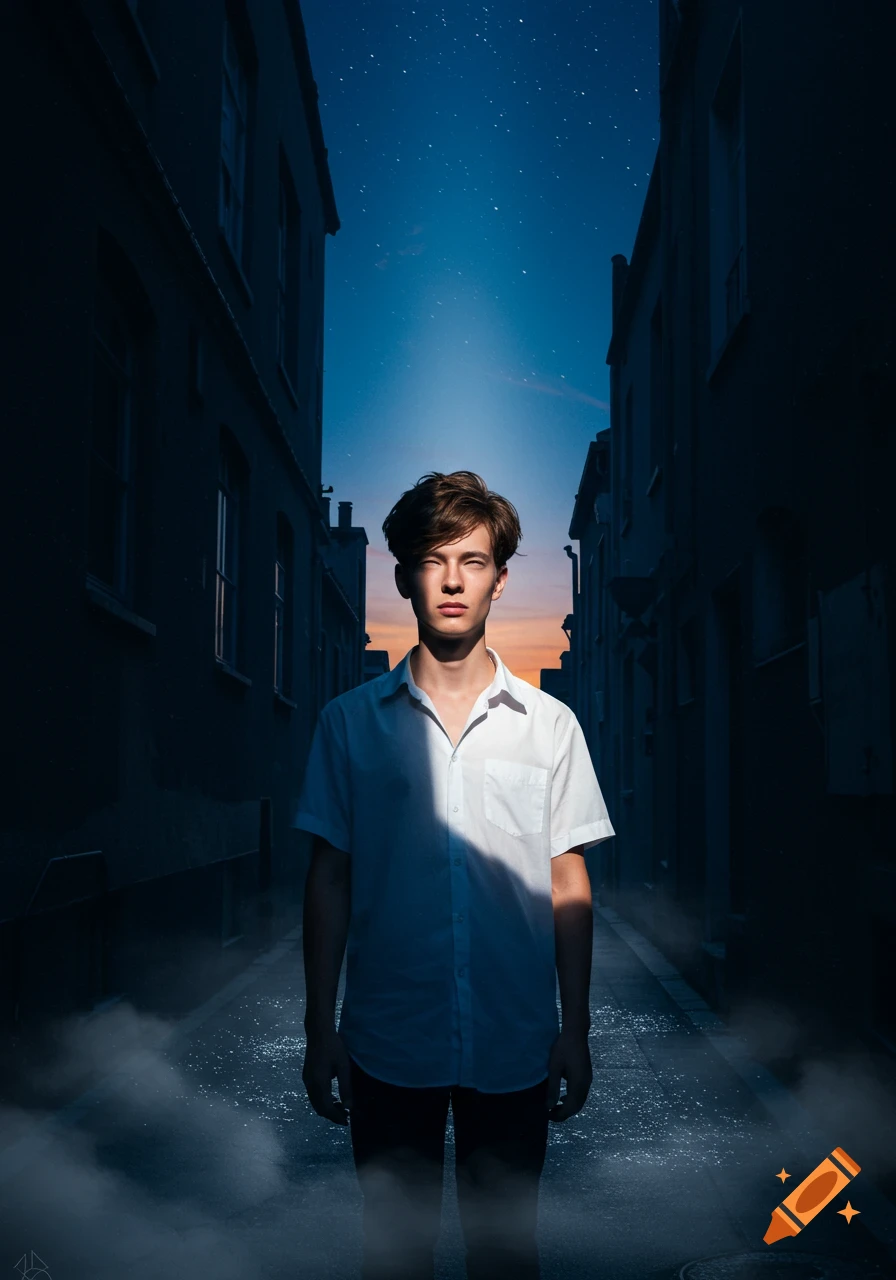 A young man with glowing white eyes stands in a dark alley under a starry sky with dramatic lighting.