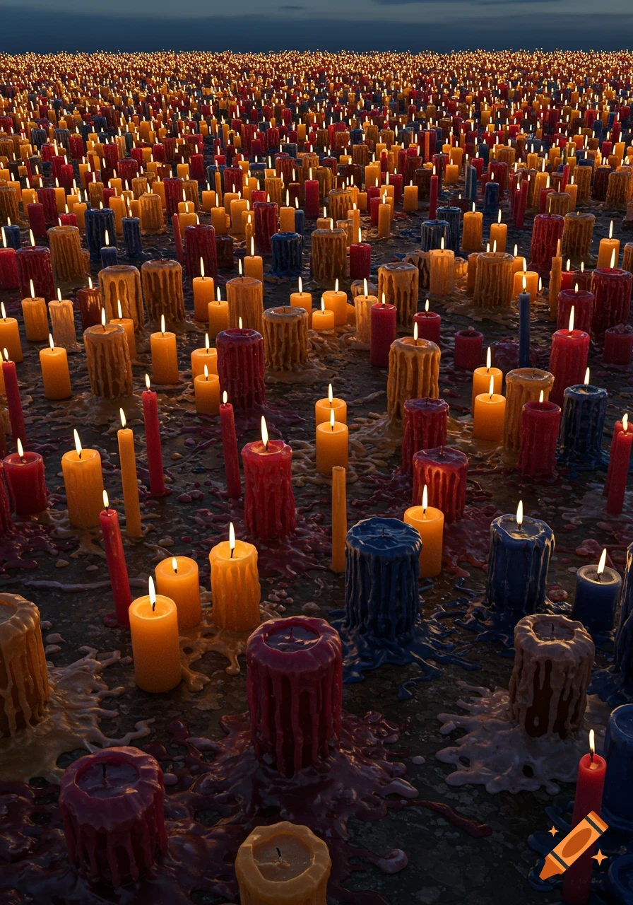 A vast field of countless lit candles of various sizes and colors, creating a glowing landscape at dusk.