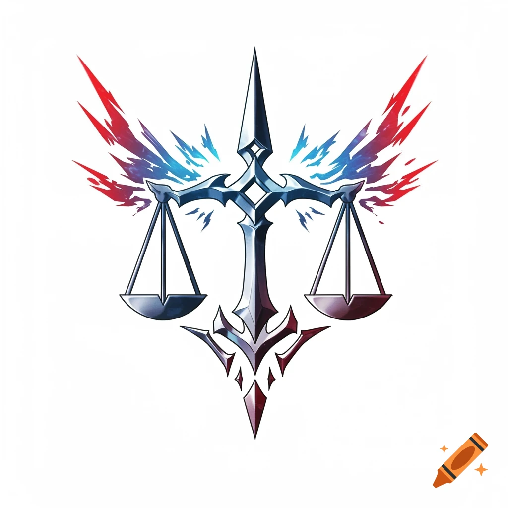 Anime style scales of justice symbol with a sword-like center and abstract red and blue wing elements on a white background.