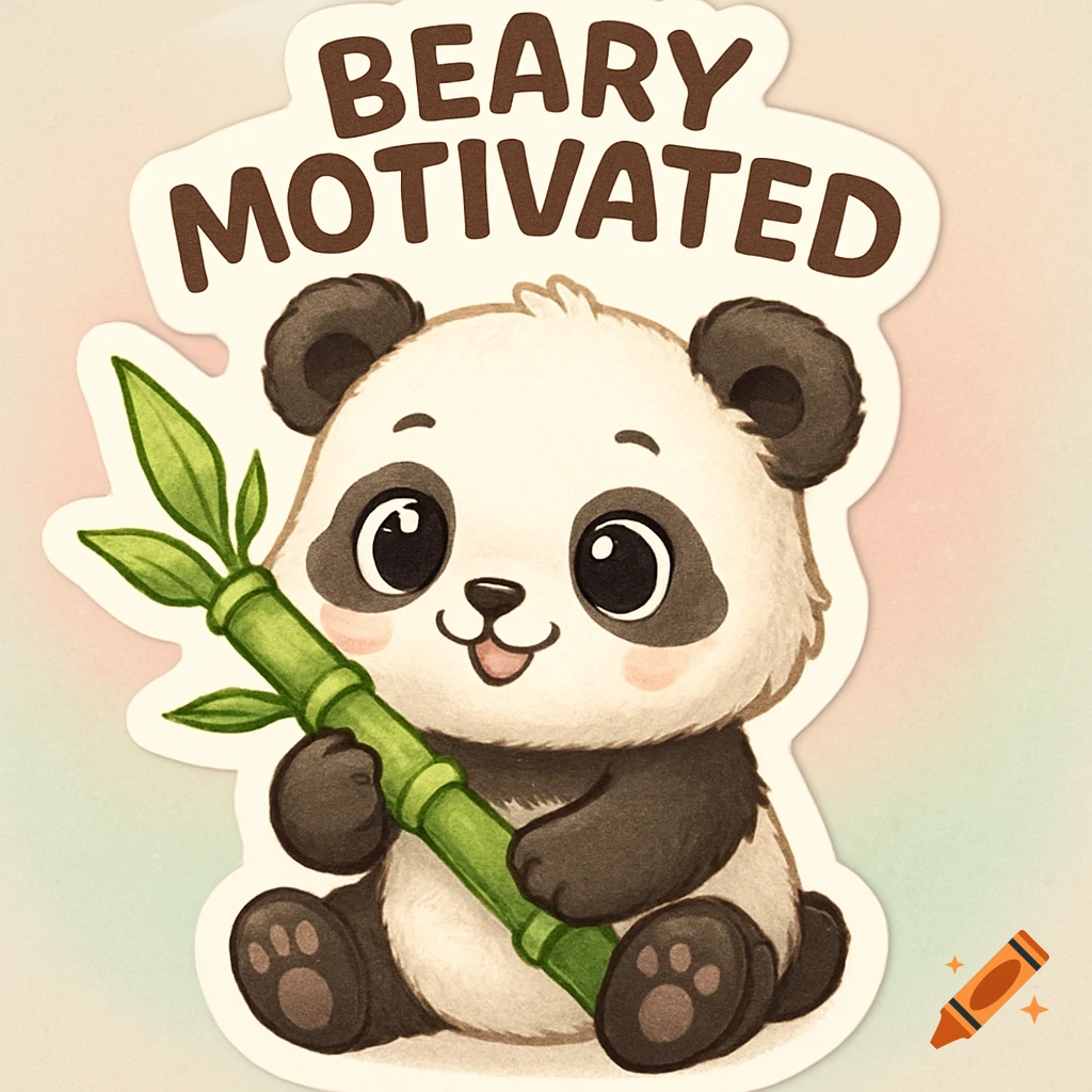 Cute cartoon panda holding bamboo with 'BEARY MOTIVATED' text, digital sticker style.