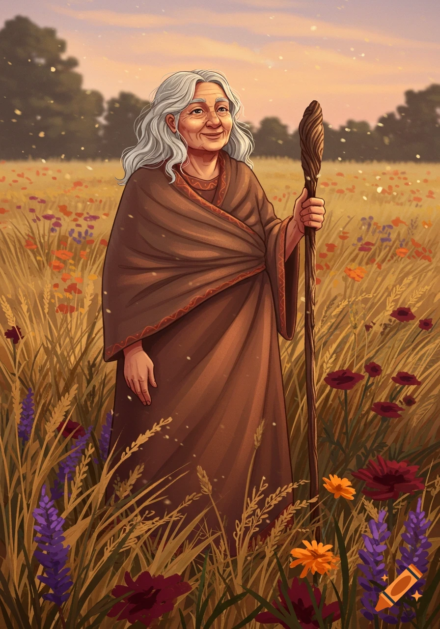 An illustrated portrait of an older woman with gray hair, holding a staff in a sunlit field of wildflowers and tall grass.