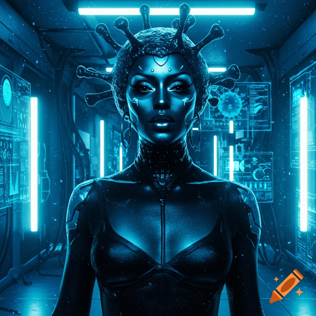 A futuristic woman with a virus-like headpiece, glowing neon blue, in a dark sci-fi lab with data screens.