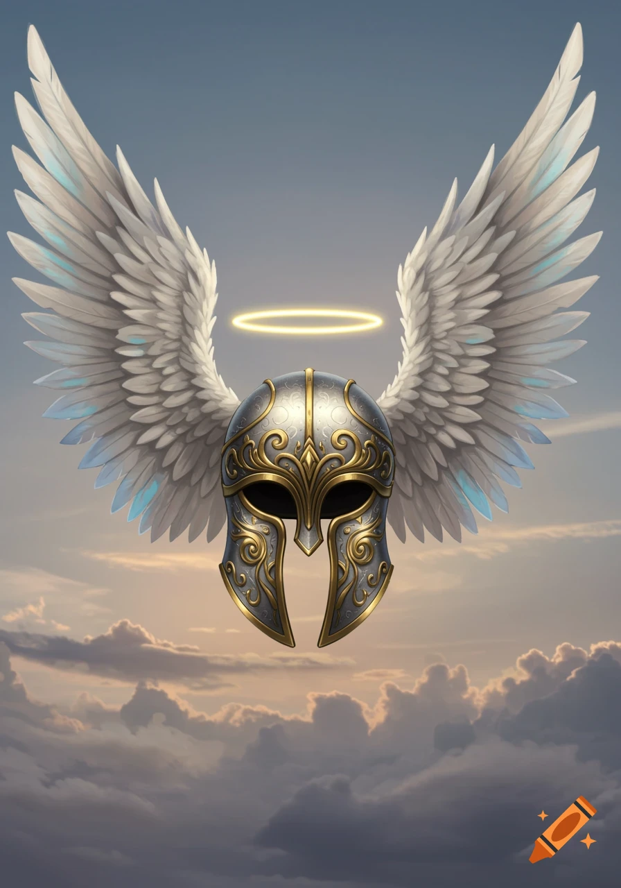 An ornate silver and gold helmet with large white angelic wings and a glowing halo, set against a cloudy, light-filled sky.