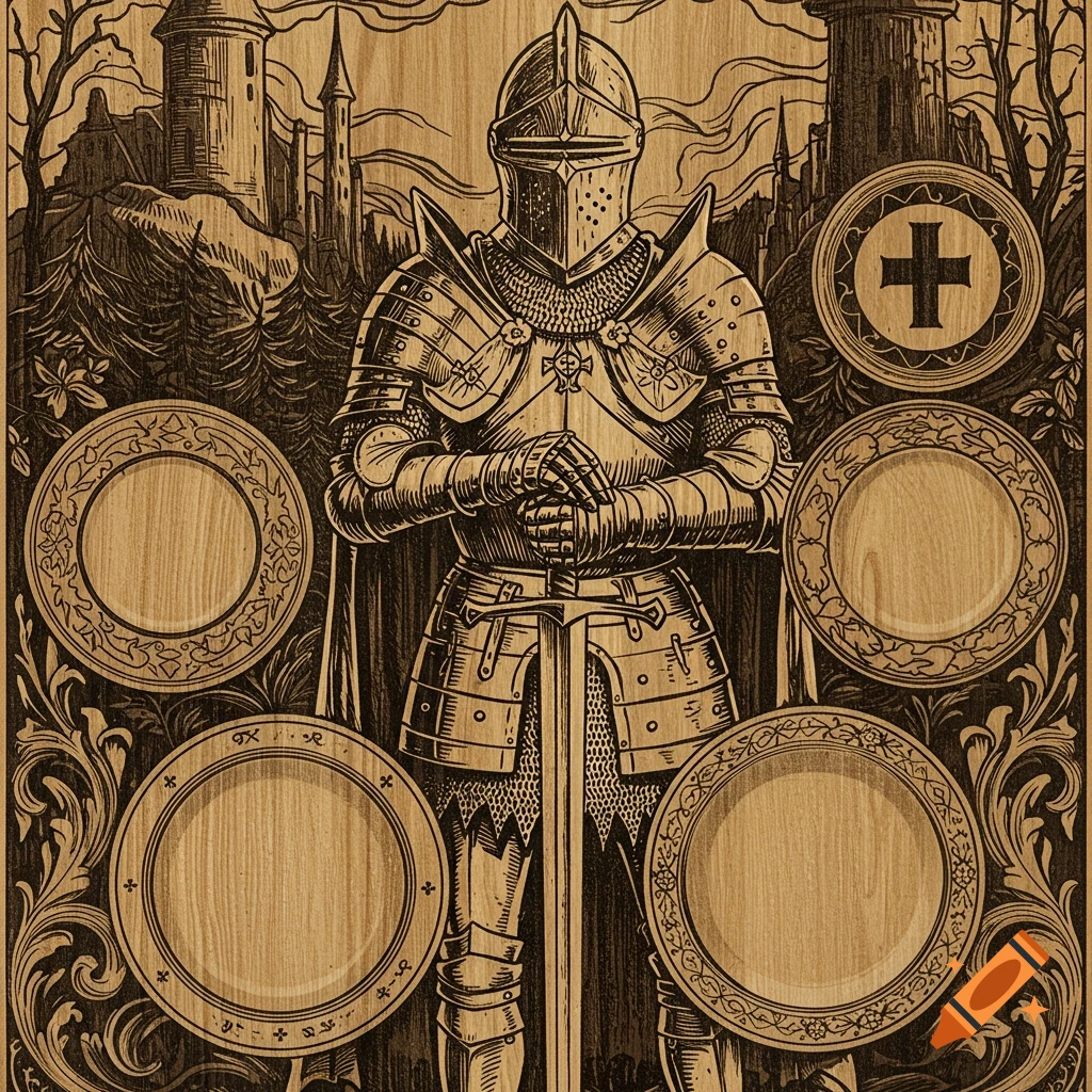 A woodcut illustration of a knight in full armor holding a sword, with a castle in the background and decorative motifs.