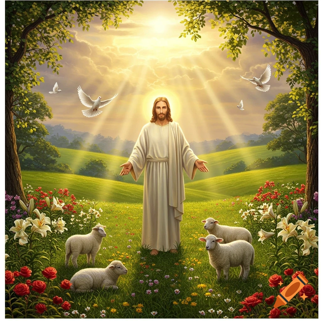 Jesus stands in a vibrant green meadow with lambs and doves, surrounded by colorful flowers, bathed in divine light from above.
