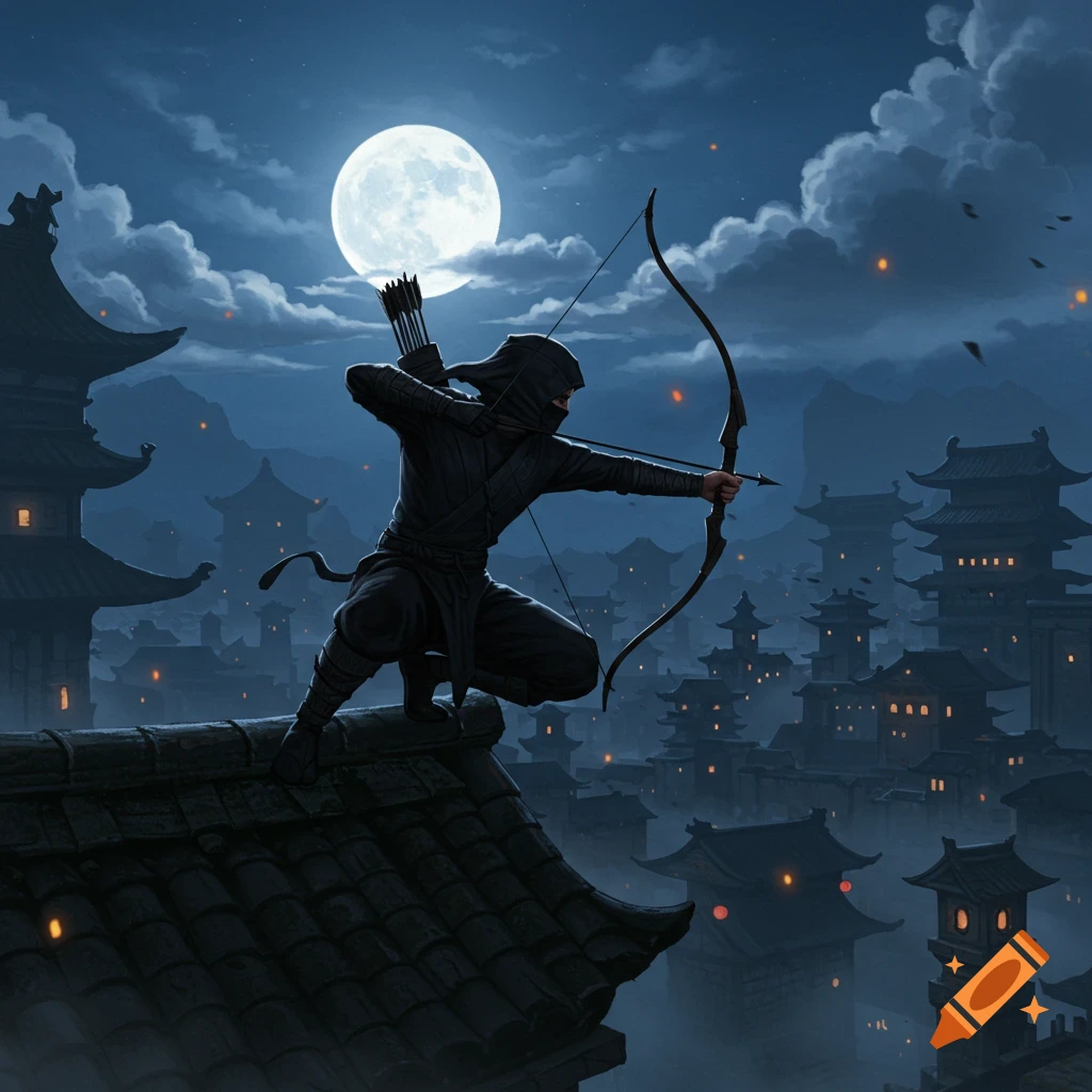 A ninja archer crouches on a dark rooftop under a large full moon, aiming an arrow over a sprawling city with traditional Asian architecture.