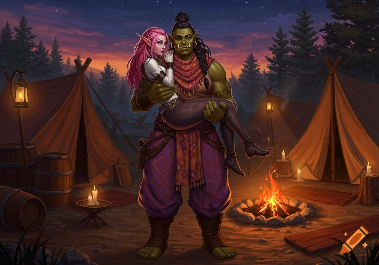 An orc man carries an elf woman in his arms at a fantasy campsite with tents and a bonfire at dusk.