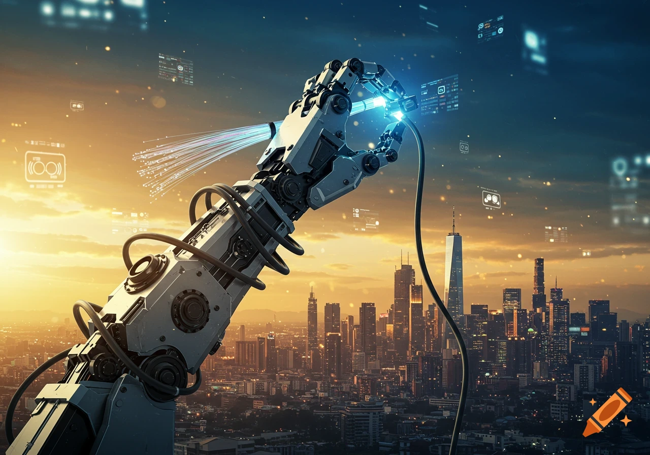 A futuristic robotic arm with glowing fiber optic cables extends over a modern cityscape at sunset, with floating holographic interfaces.