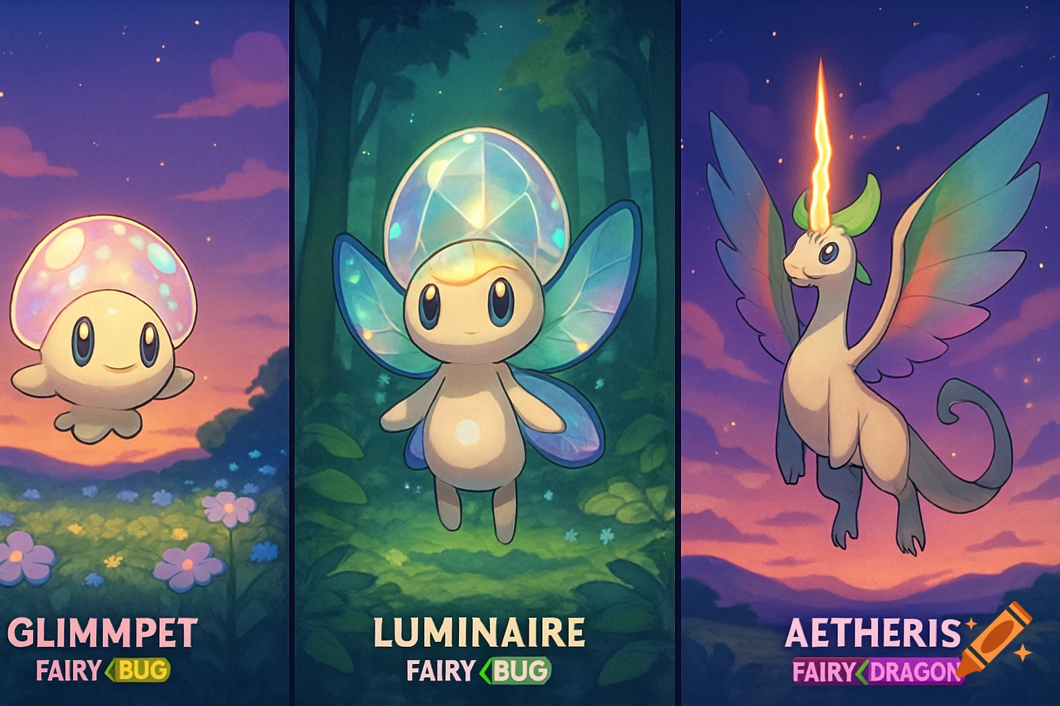 Three cartoon Pok mons-like creatures: a mushroom, a crystal-headed fairy, and a winged unicorn, with their names and types displayed below.