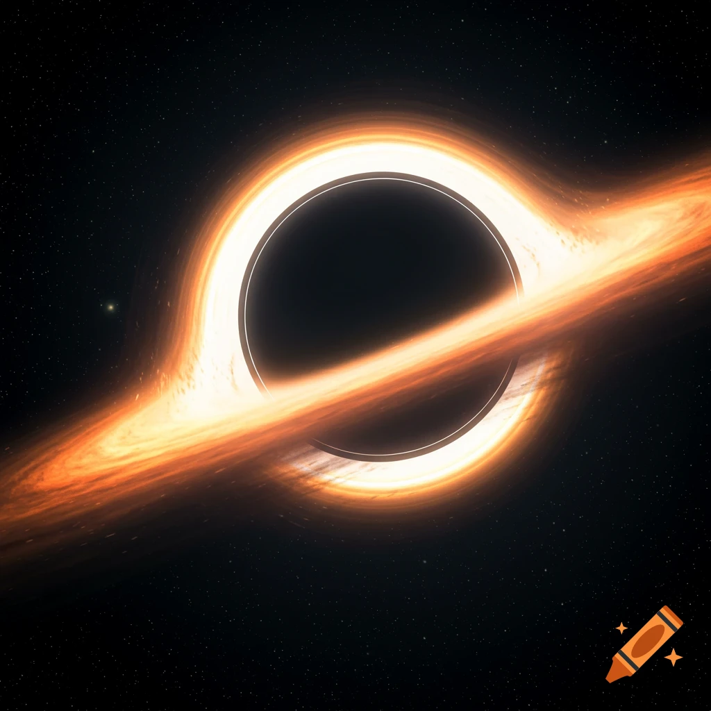 A black hole with a bright orange and yellow glowing accretion disk against a dark, star-filled space background.