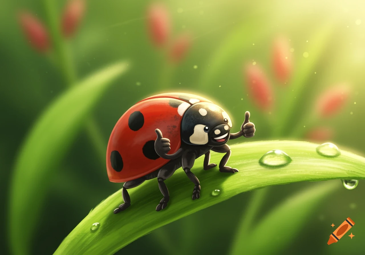 A cartoon ladybug with a happy smile gives two thumbs up while standing on a green leaf with water droplets.