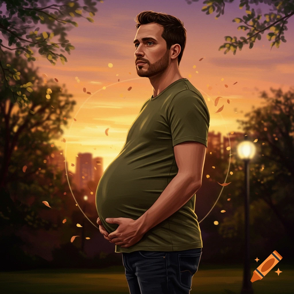 A man with a pregnant belly stands in a park at sunset, holding his stomach.
