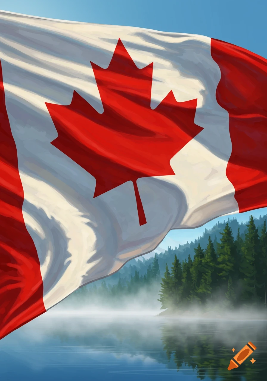 A waving Canadian flag over a misty lake and evergreen forest under a blue sky, in a painterly style.