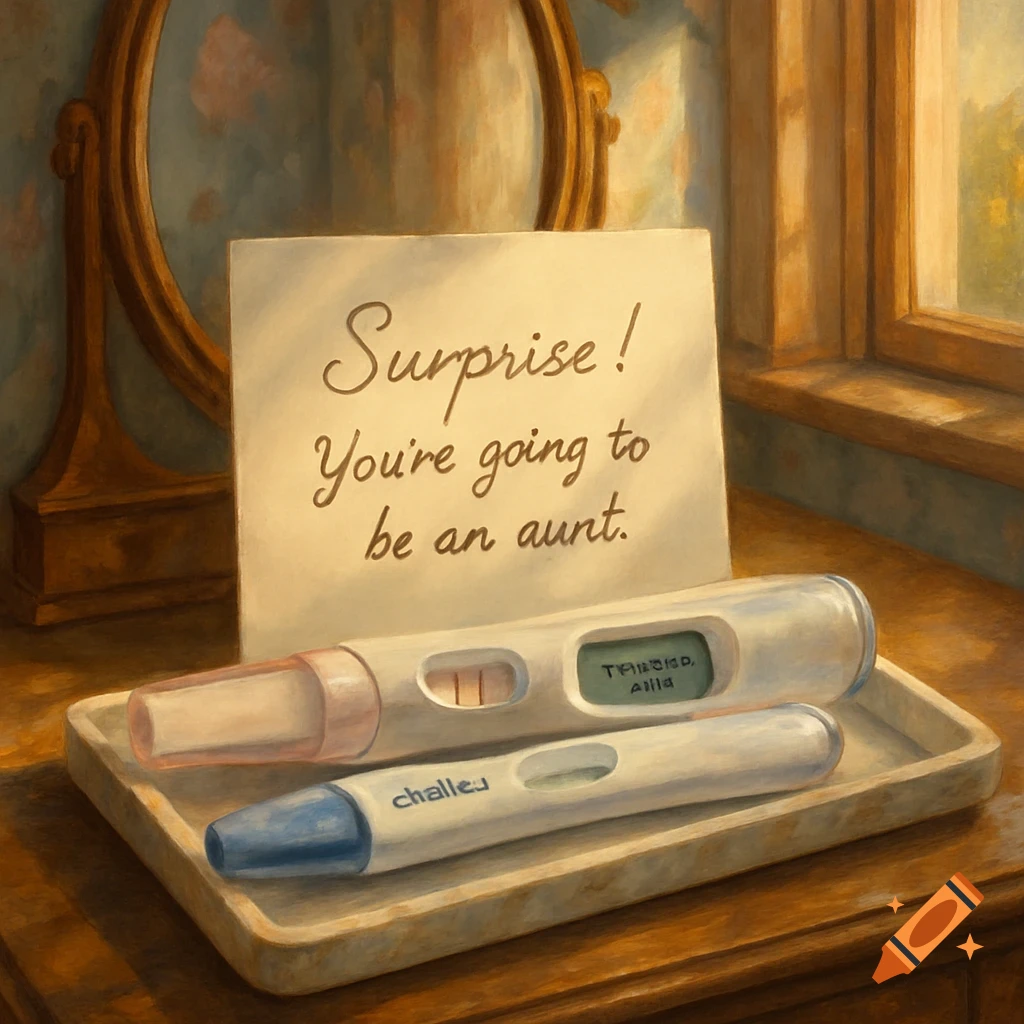 A still life painting of two pregnancy tests on a tray with a card reading 'Surprise! You're going to be an aunt'.