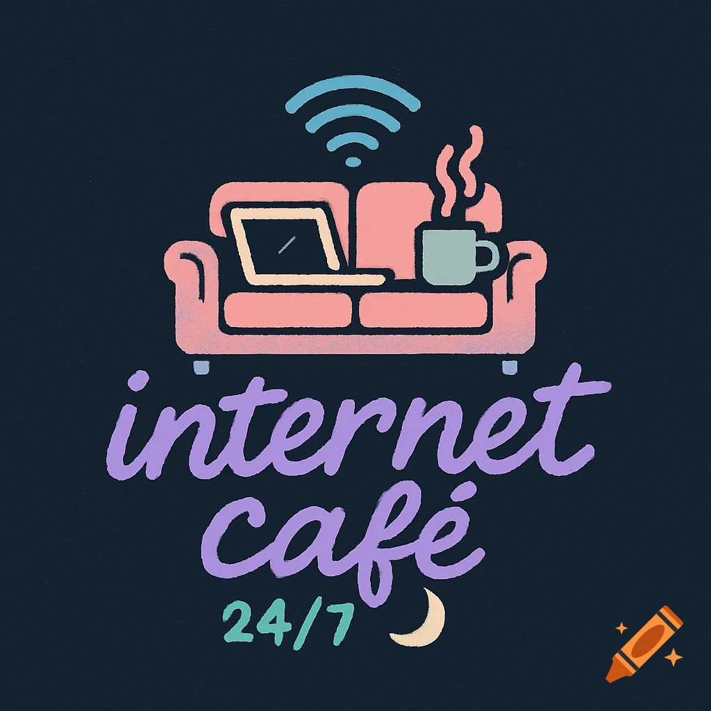 A stylized pastel logo for an internet cafe featuring a pink couch with a laptop, steaming mug, WiFi symbol, and text 'internet cafe 24/7' with a crescent moon.
