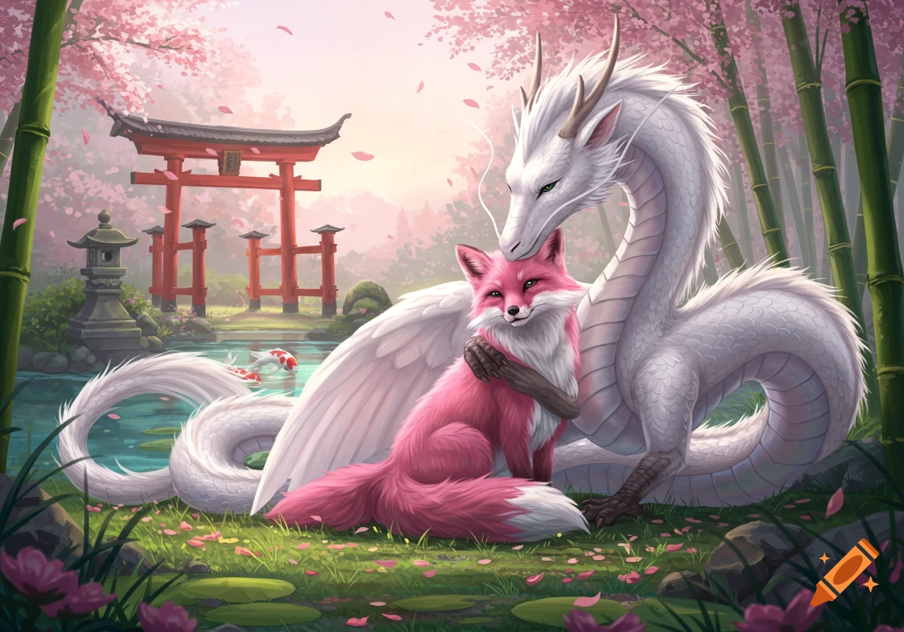 A pink fox with wings hugs a white dragon in a lush Japanese garden with pink cherry blossoms, a red torii gate, and a pond.