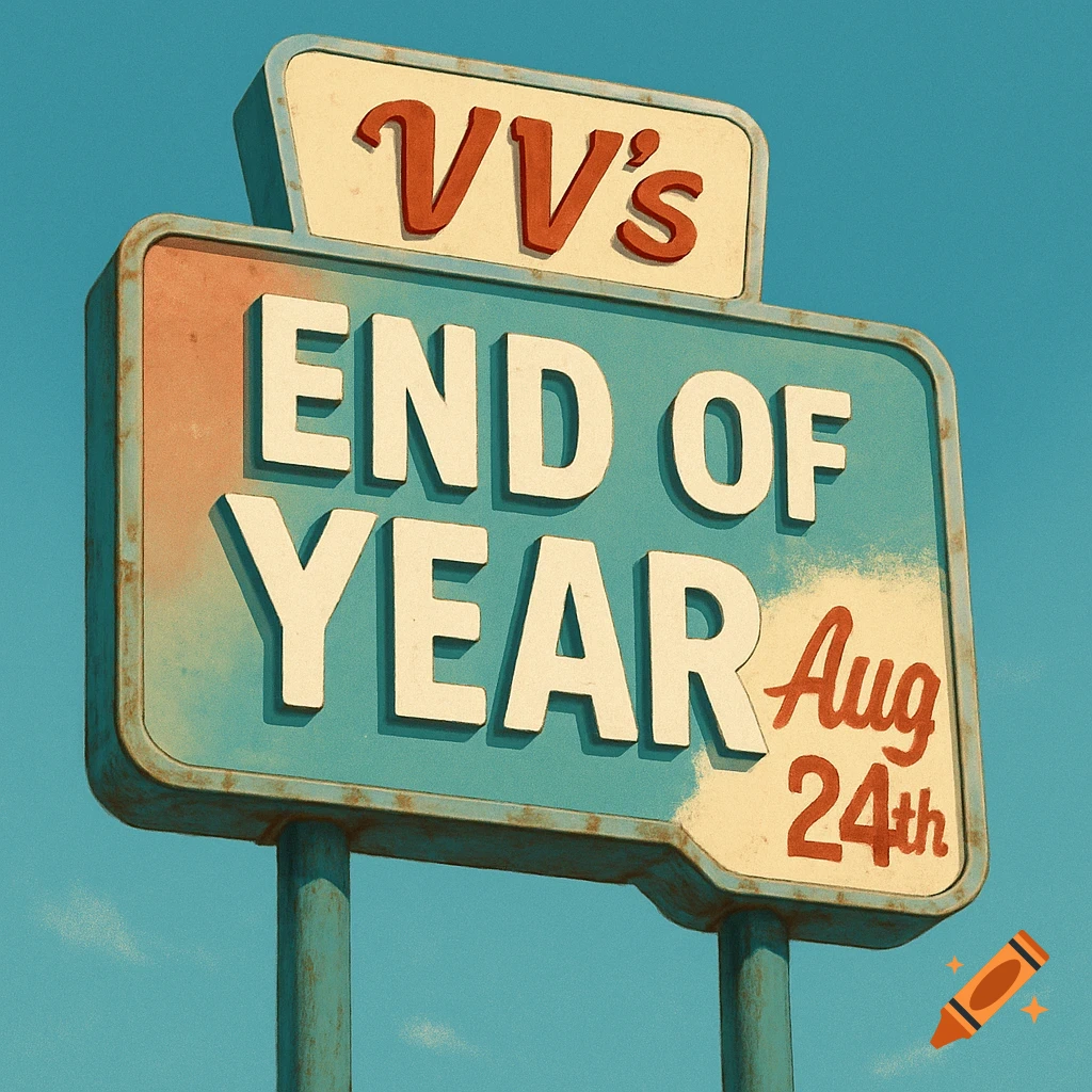 A vintage-style roadside sign against a blue sky, reading "VV's END OF YEAR Aug 24th."