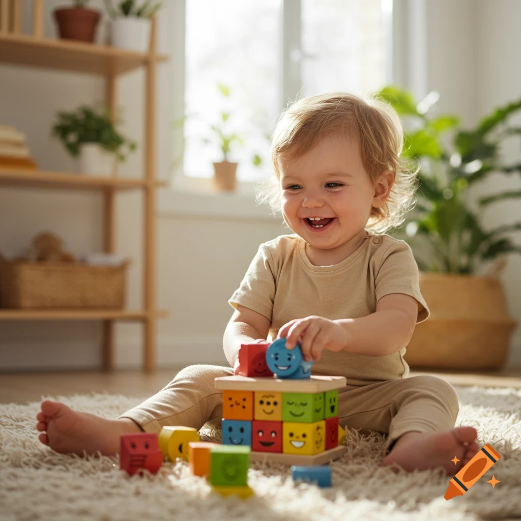 A smiling toddler plays with colorful wooden blocks on a rug in a sunlit room, looking happy.