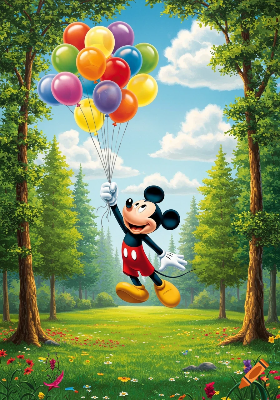 Mickey Mouse floats high above a vibrant green forest, holding a large bunch of colorful balloons against a bright blue sky with clouds.