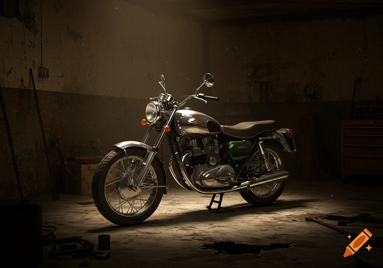 A vintage-style motorcycle bathed in dramatic light within a dimly lit, grungy garage with oil stains on the concrete floor.