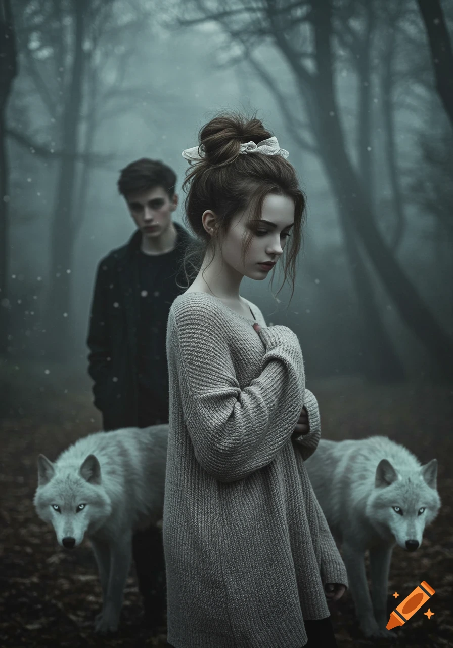 A soft, ethereal teenage girl in an oversized sweater stands in a misty forest with two white wolves, while a dark-haired boy watches from behind.
