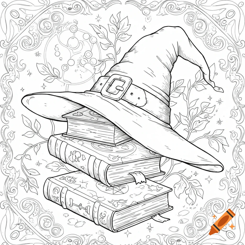 A line art coloring page featuring a witch hat resting on a stack of three spell books, surrounded by decorative magical flourishes.