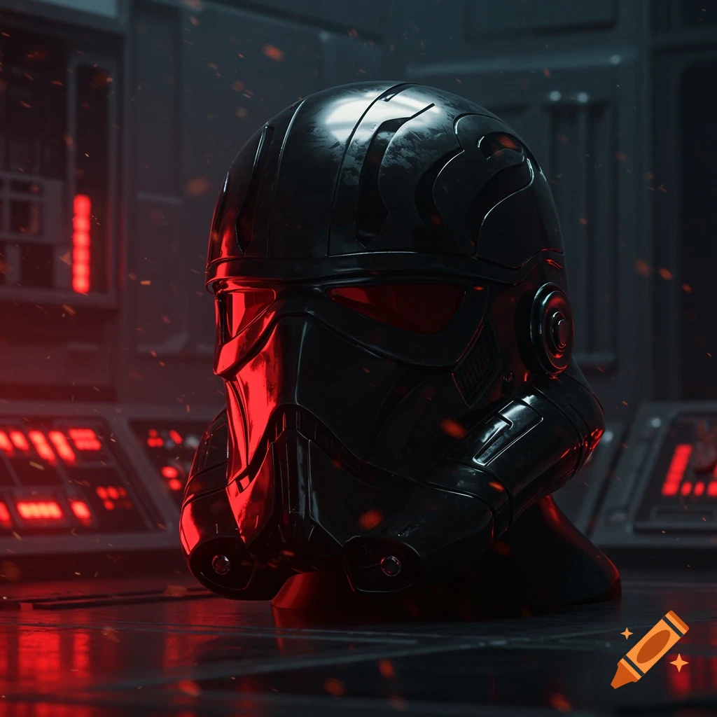 A dark, futuristic helmet with a glowing red visor, set in a dimly lit, metallic sci-fi environment. Photorealistic style.
