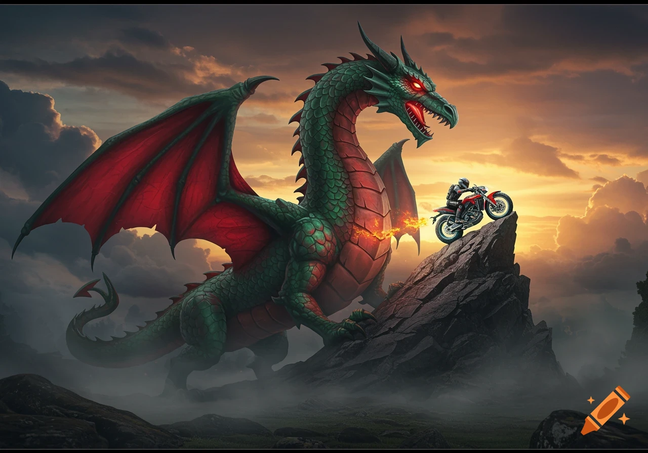 A large green and red dragon stands on a misty peak, breathing fire towards a person on a red motorcycle riding up a rock formation against a dramatic sunset sky.
