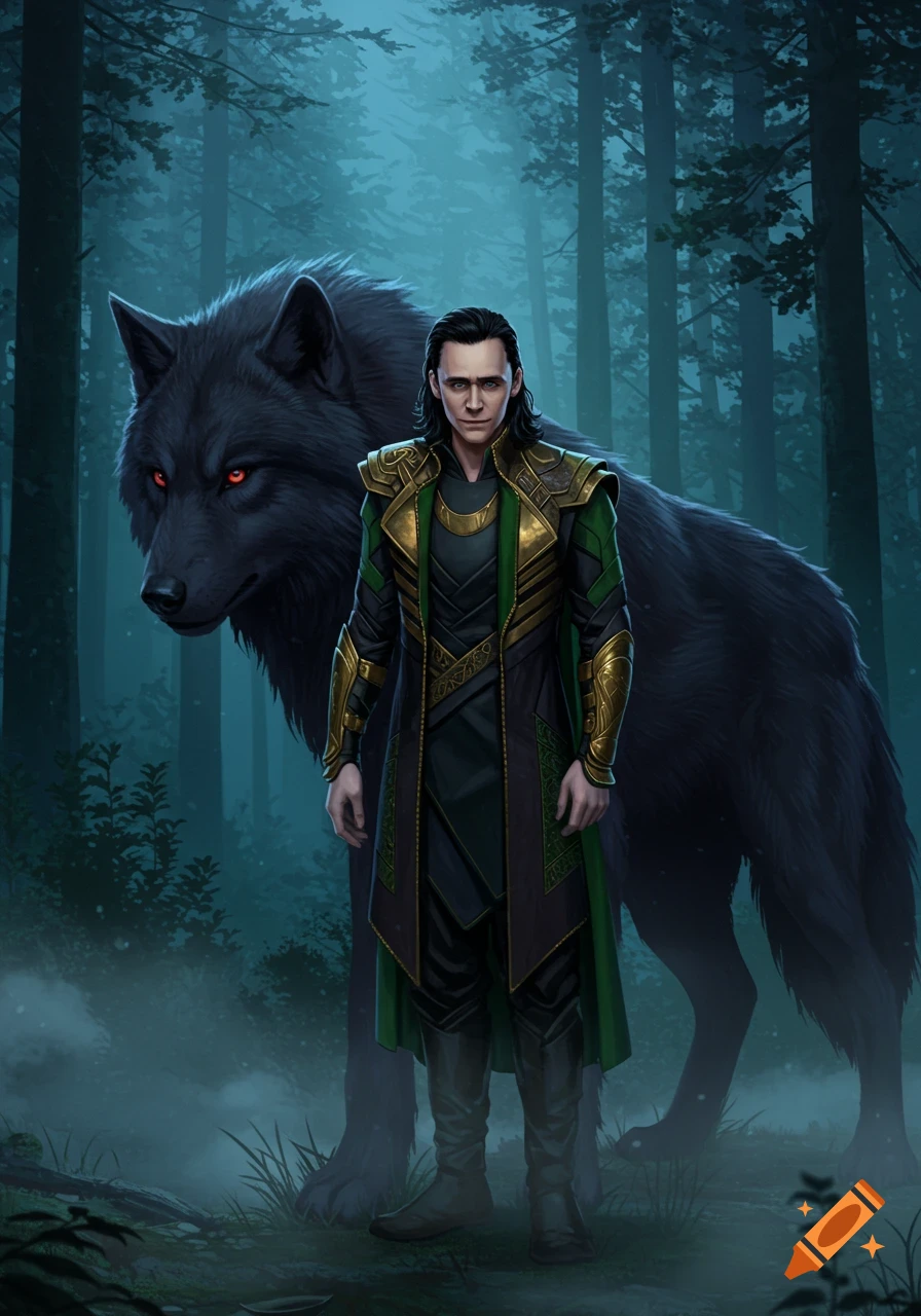 Loki in green and gold attire stands in a misty forest with a large, dark wolf with red eyes behind him, digital art style.