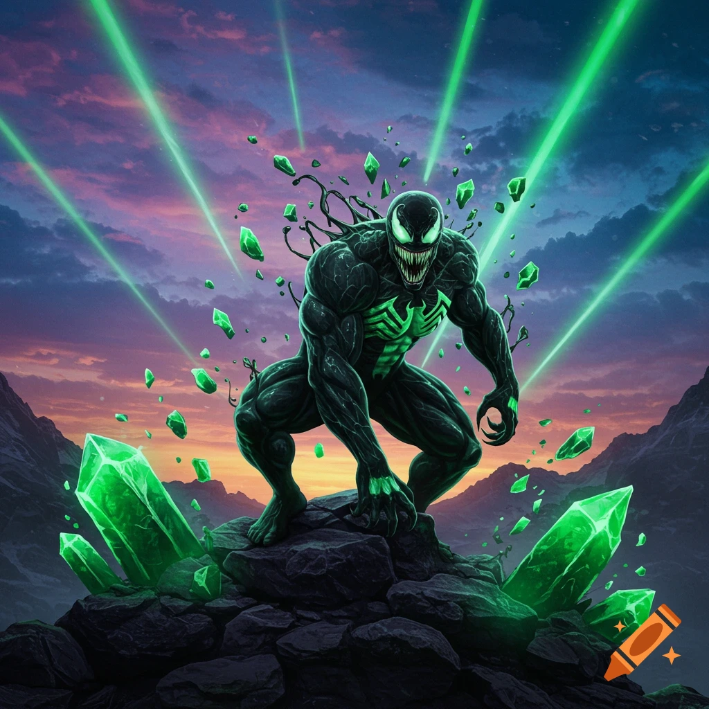 Venom symbiote with a glowing green symbol, crouches on a rock amidst green crystals and light beams in a mountainous sunset landscape.
