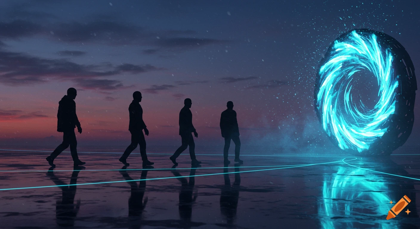 Four silhouetted figures walk across a reflective surface towards a glowing blue portal under a twilight sky with blue light trails.