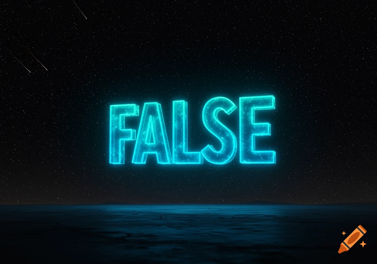 The word FALSE rendered in glowing blue neon lights against a dark, starry night sky with a subtle ground below.