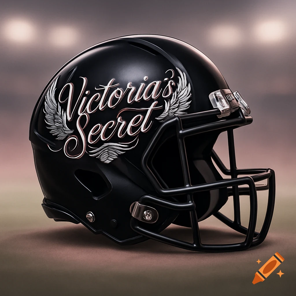 A black NFL football helmet with the Victoria's Secret logo and silver wings on its side.
