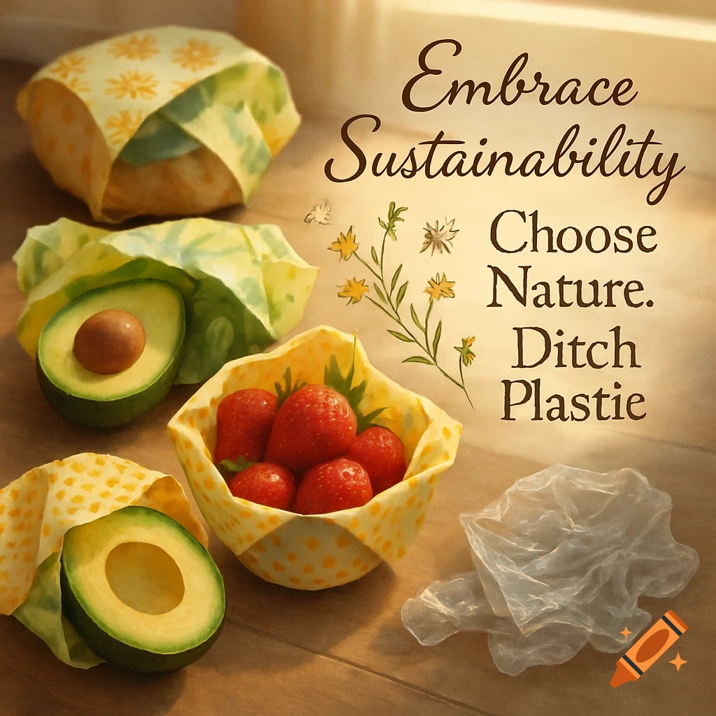 Beeswax wraps hold avocados and strawberries on a wooden surface next to a plastic bag. Text says 'Embrace Sustainability Choose Nature. Ditch Plastie'.