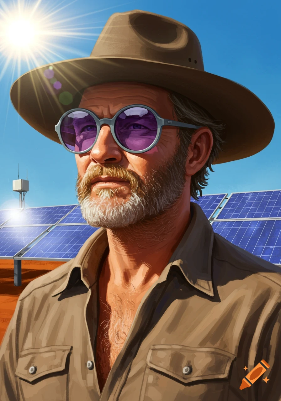 Digital illustration of a bearded man in a hat and purple sunglasses, with solar panels in a sunny desert.