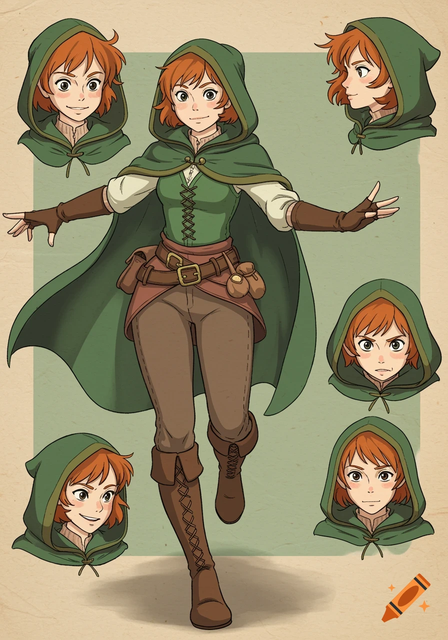 Character sheet of a female rogue in Studio Ghibli style, showing full body and multiple facial expressions. She wears a green cloak and brown outfit.