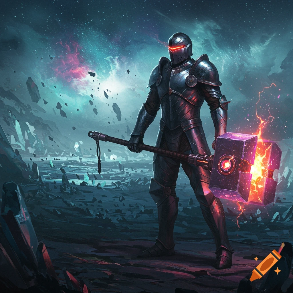 A heavily armored sci-fi knight with a glowing war hammer stands on a rocky, cosmic landscape under a starry sky.