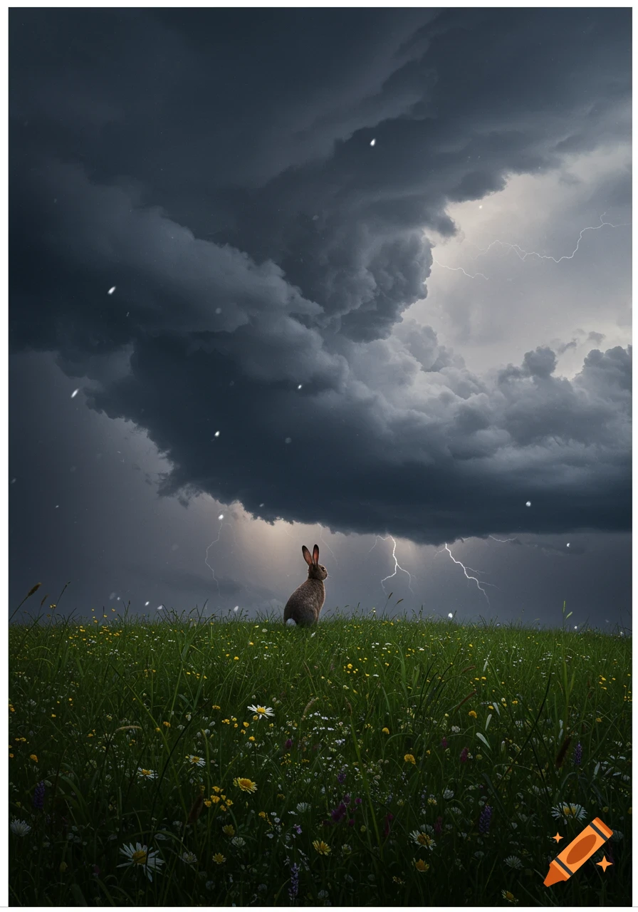 A lone rabbit sits in a green field under a dark, stormy sky with lightning.