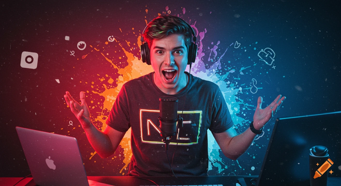 A young man with headphones shouts into a microphone, sitting at a desk with laptops, against a vibrant red and blue splash background.