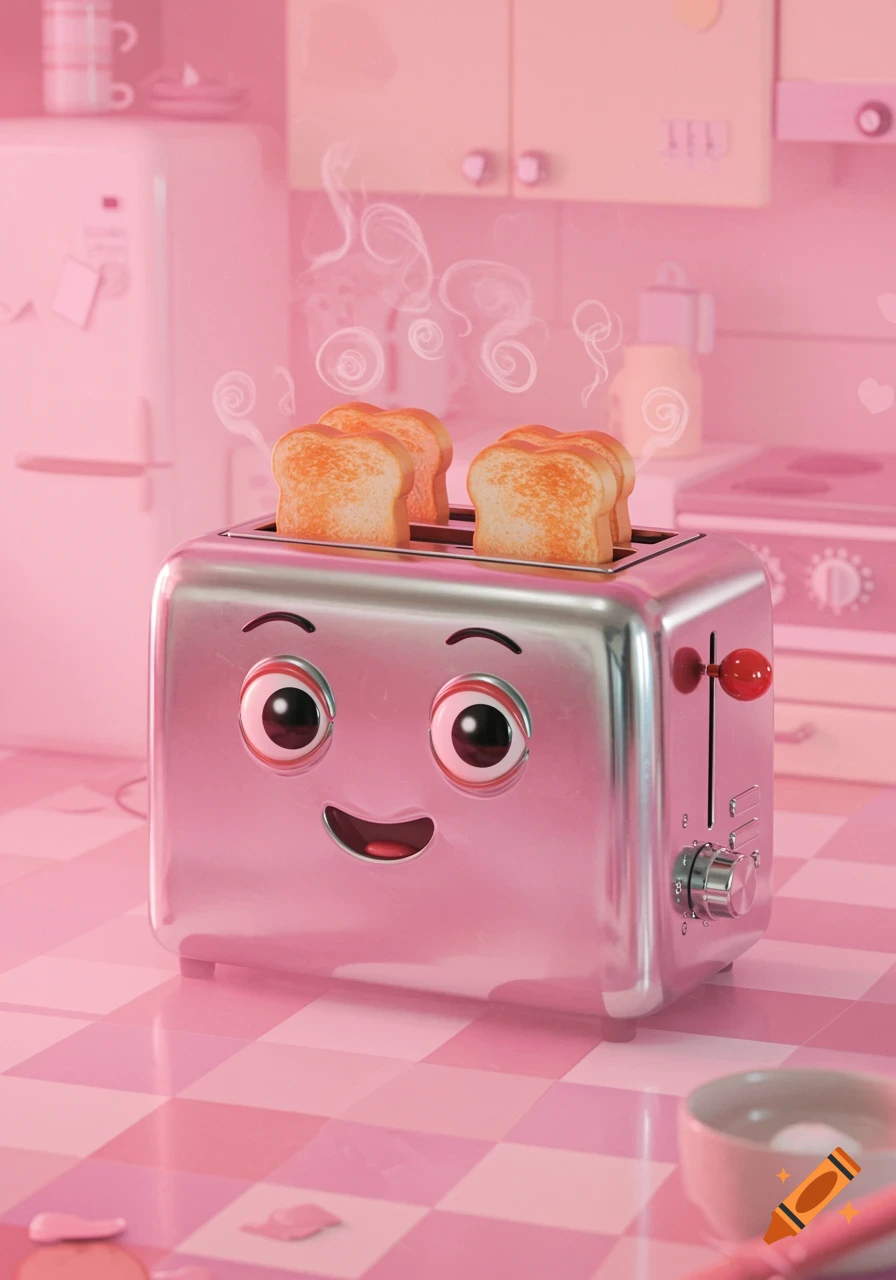 A happy, anthropomorphic chrome toaster with big eyes toasts bread in a pink kitchen, with steam rising.