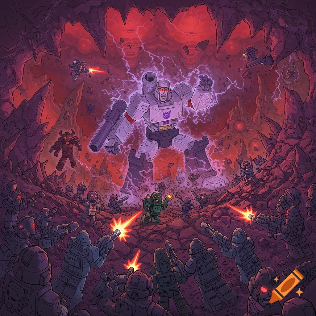 Megatron battles Kreon Decepticons in a dark, jagged psychic landscape in a comic book style.