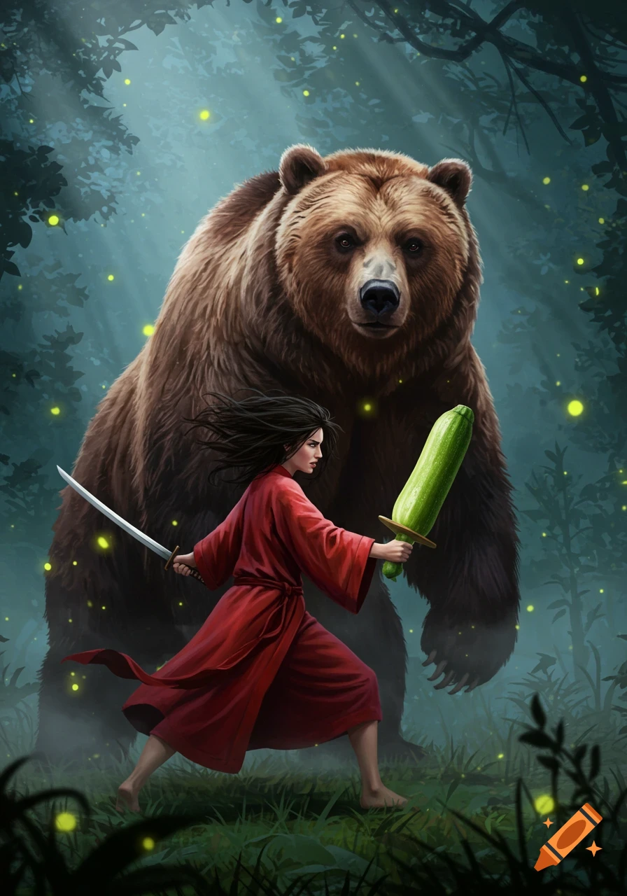 A woman in a red robe holds a sword and a zucchini, facing a large bear in a mystical, glowing forest.