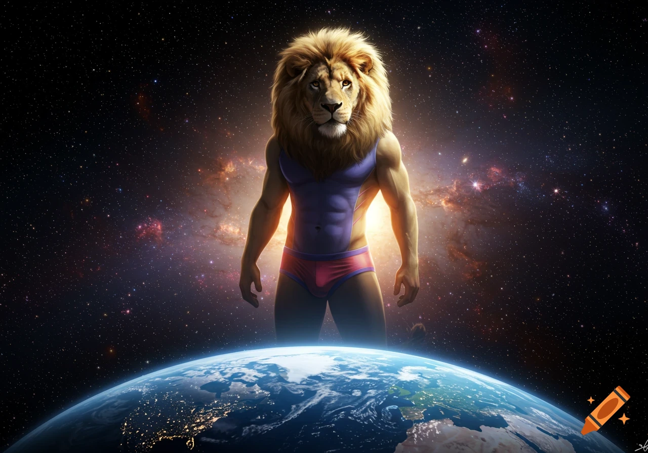 A giant photorealistic anthropomorphic lion in a purple and pink speedo stands over planet Earth in a starry galaxy.
