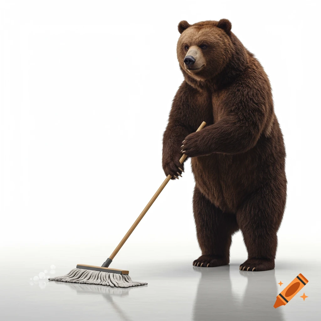 A photorealistic brown bear stands upright, holding a mop and cleaning a glossy white floor with some bubbles.