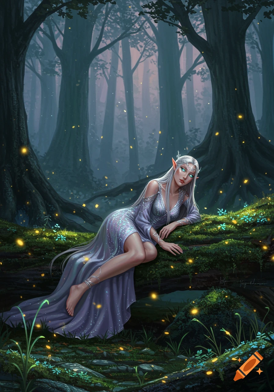 An elf woman with long silver hair and a sparkling lavender dress leans on a mossy log in an enchanted forest with glowing fireflies.