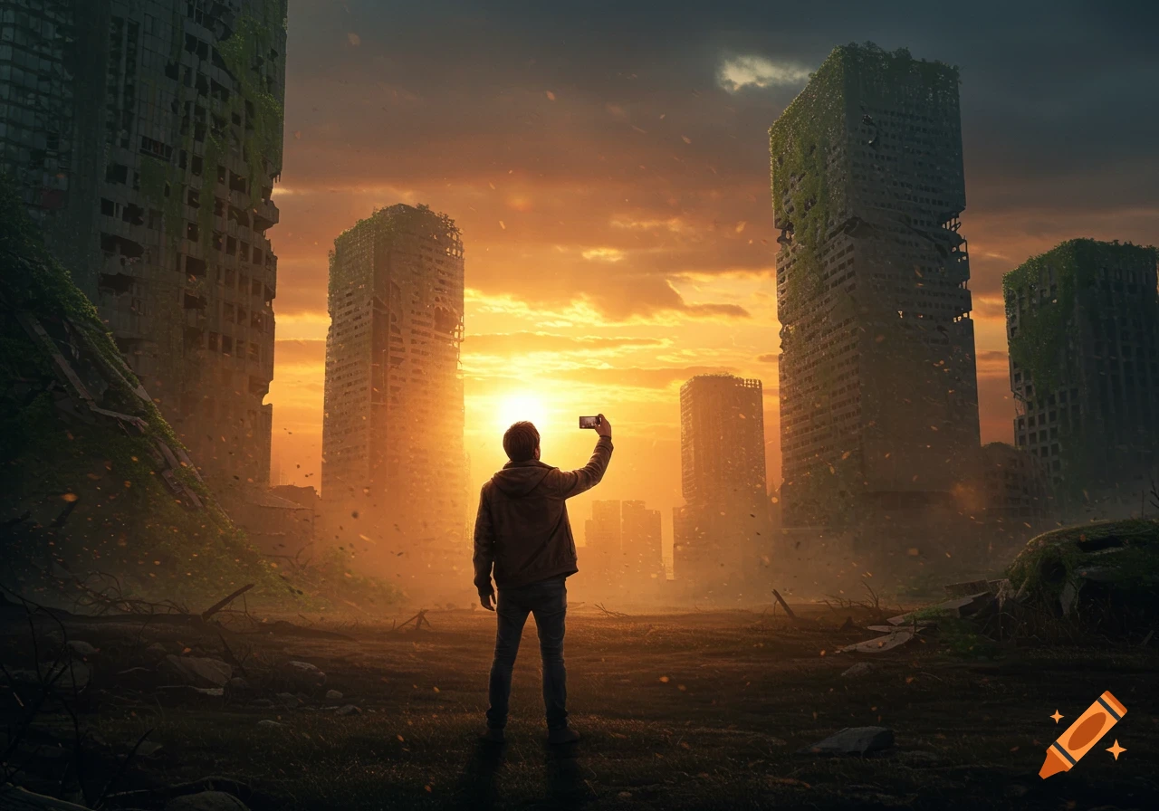 A lone figure takes a selfie in a ruined, overgrown city at sunset, evoking a post-apocalyptic scene.