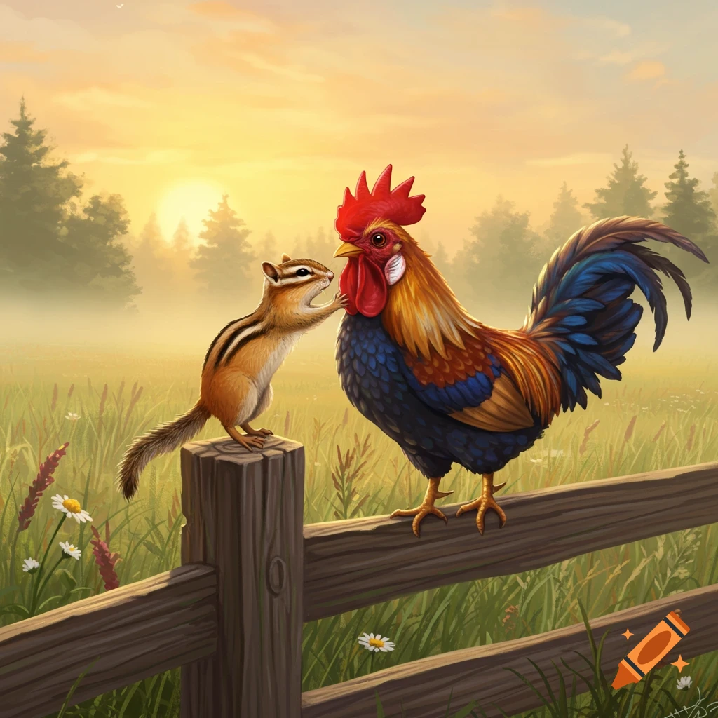 An illustration of a chipmunk on a fence post holding a rooster by its neck in a misty field at sunrise.