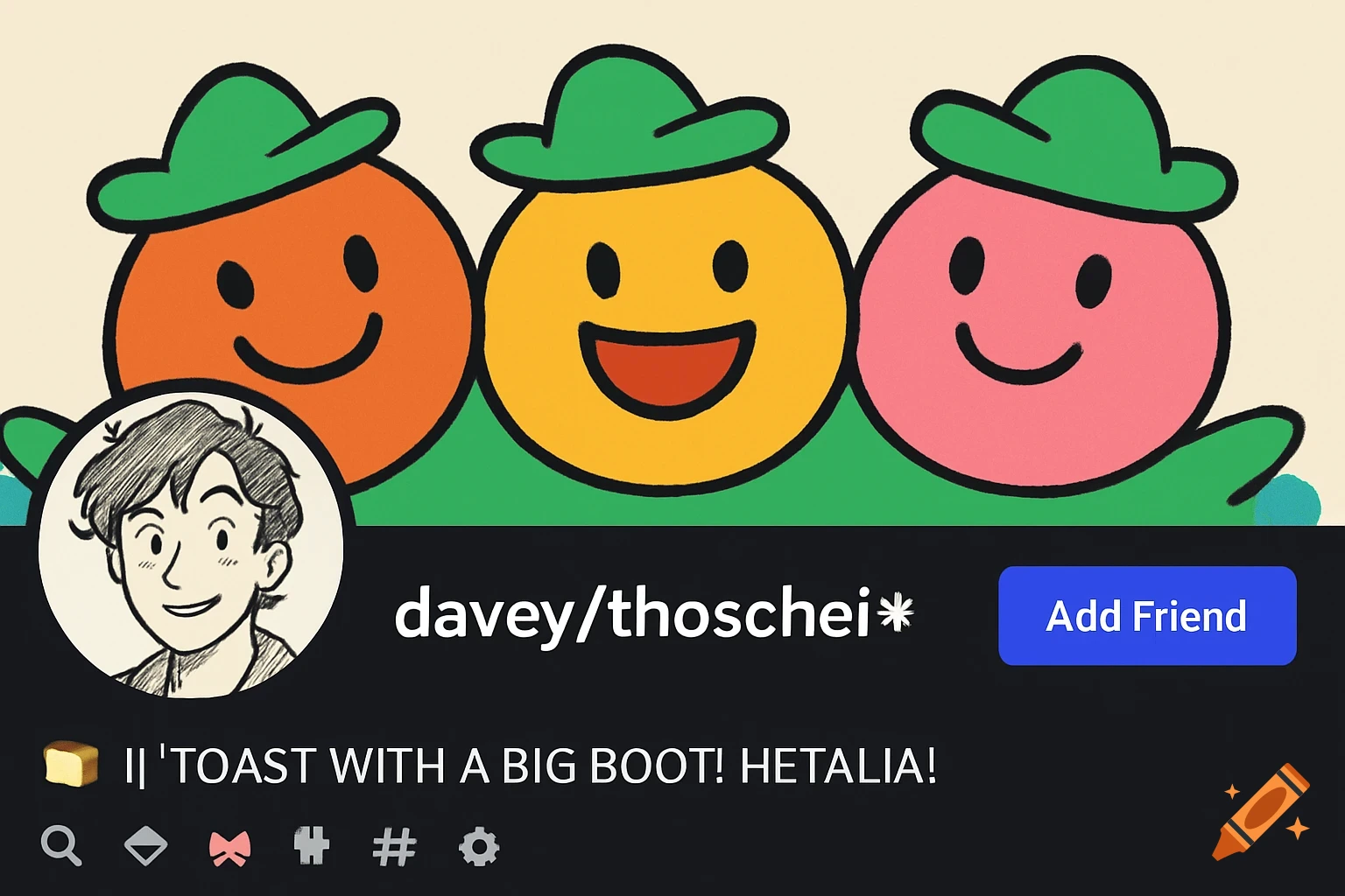 A social media profile screen with three cartoon faces in green hats on a banner, a black and white profile picture of a person, and text fields.